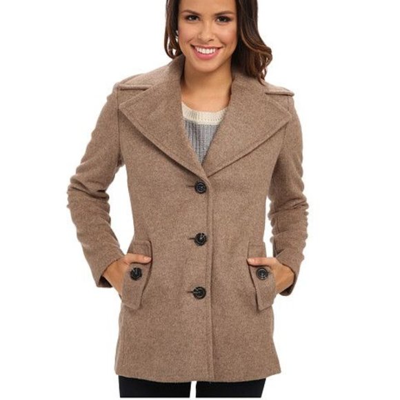 CALVIN KLEIN Women's Tan Wool Silk Single Breast Pea Coat 14 NEW - Picture 2 of 11